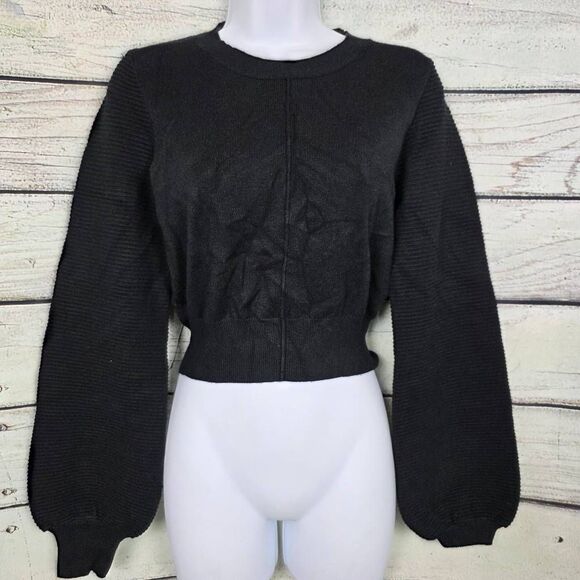 Debut S/M Black Balloon Sleeve Cropped Sweater NWT - Picture 3 of 8